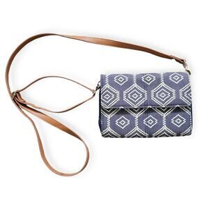 Thirty-One Jewell Hexagon Chambray Navy Brown Faux Leather Crossbody Clutch